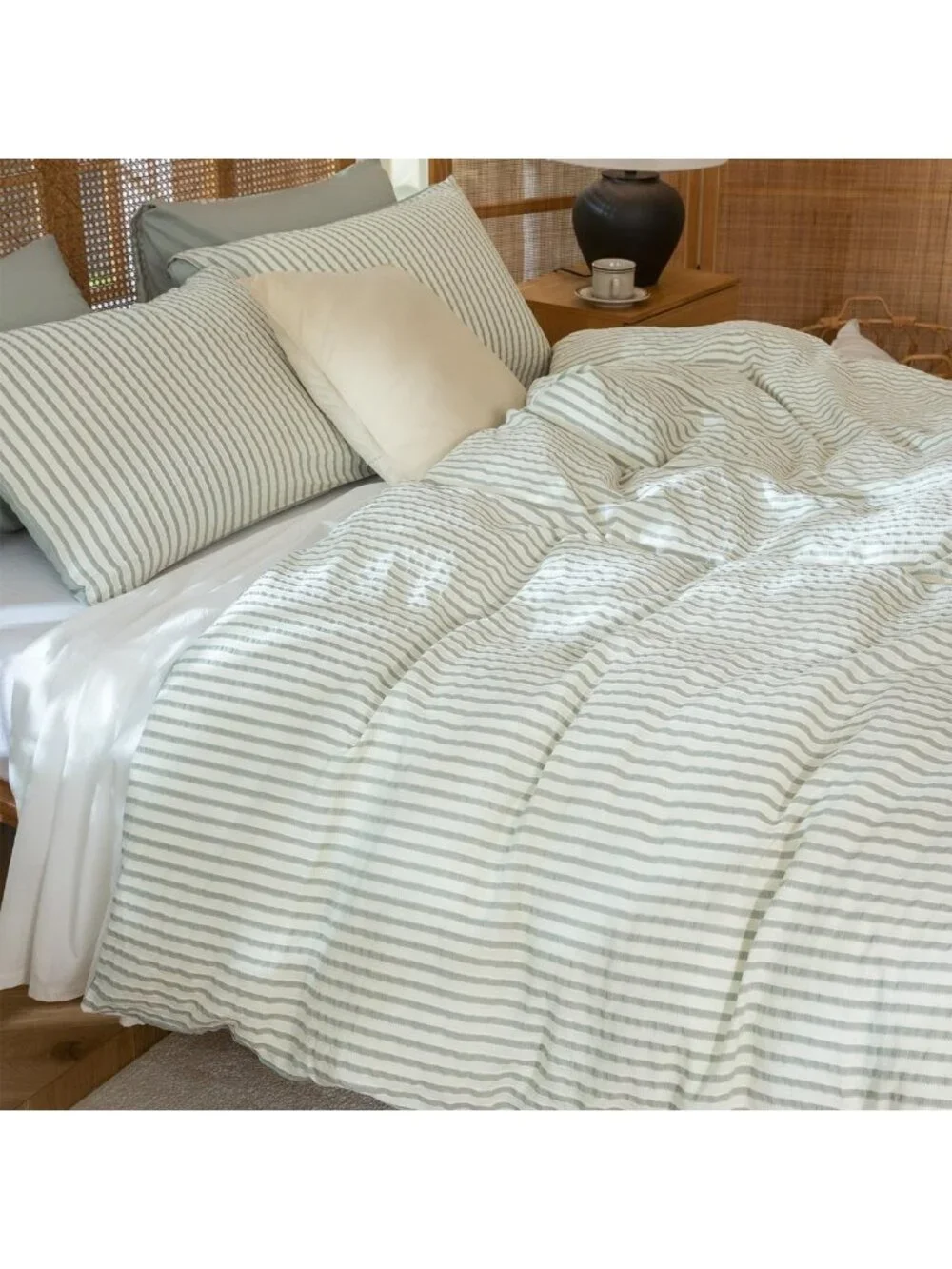 Sage Green Striped King Comforter Set - Soft Microfiber Bedding, 3 Pieces, All